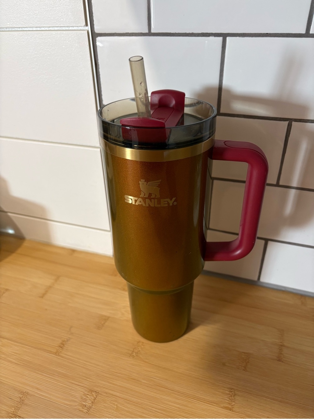Stanley Travel Tumbler Mug with Straw Metallic Red Burgundy Accent